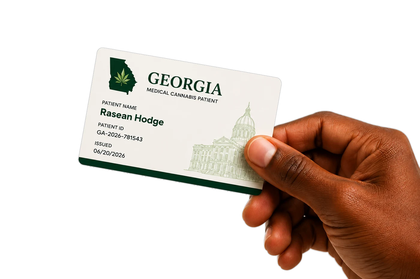 Hand holding a Georgia medical cannabis patient card